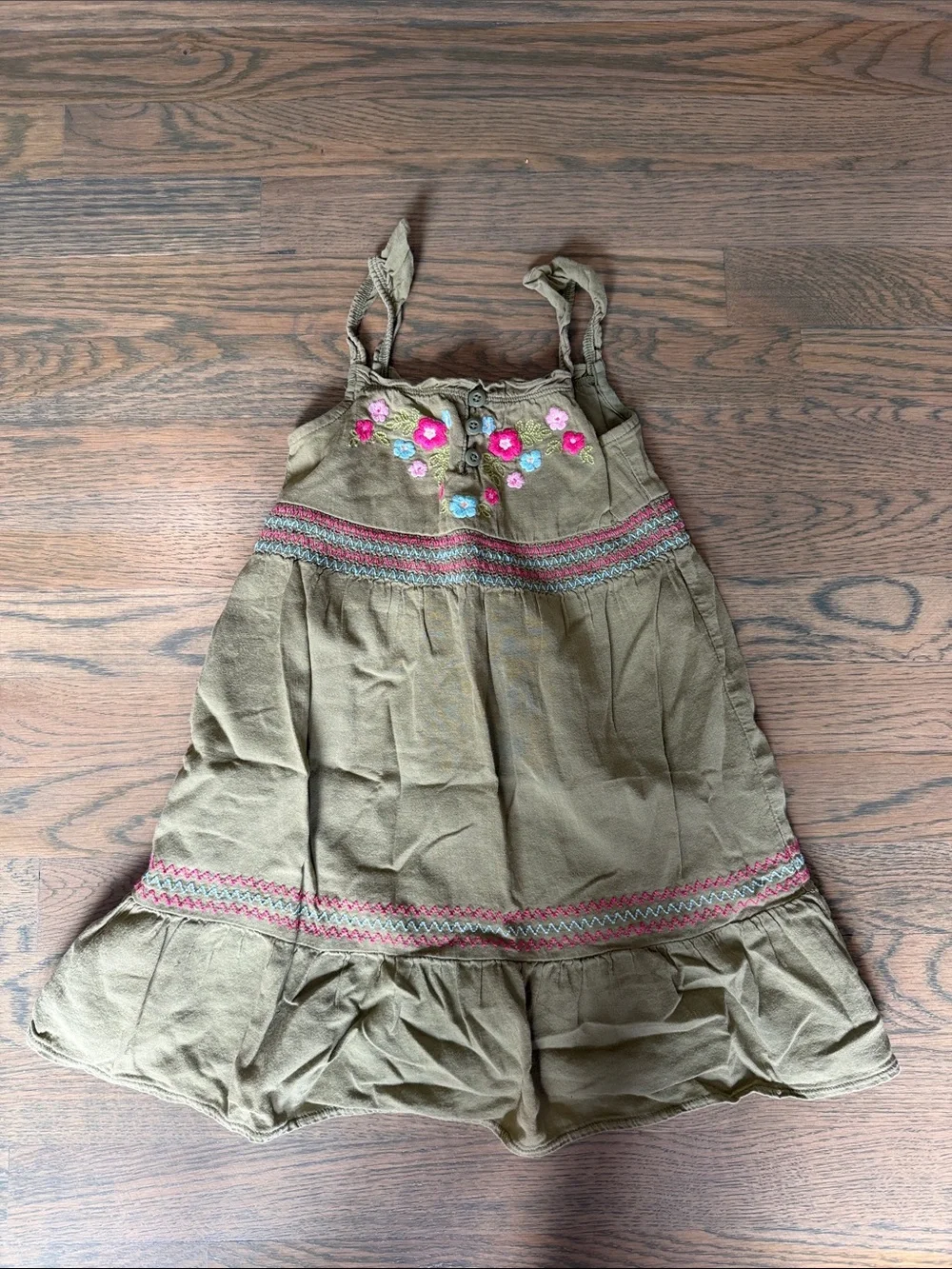 Olive Green Embroidered Sundress with Floral Accents